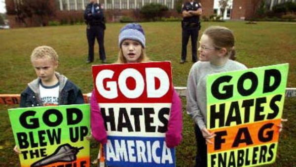 Westboro Baptist  members are bringing their children to protest at a funeral for slain children.