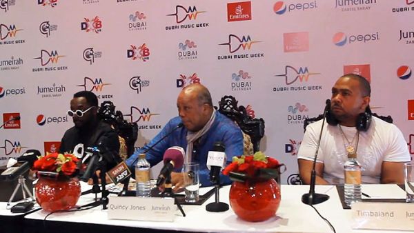 Will.i.am (left), with Quincy Jones (centre) and Timbaland yesterday at a press conference Dubai. (Image: Youtube screenshot)