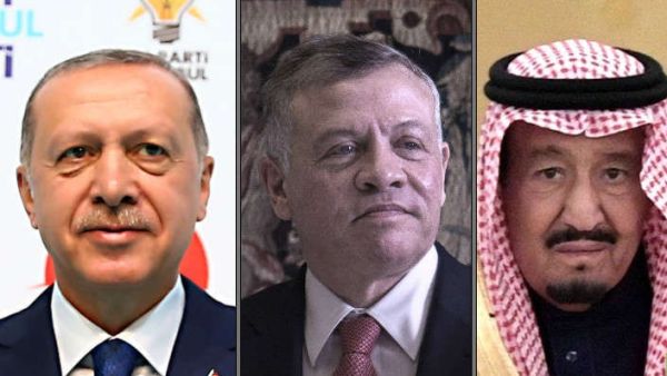 الملك السعودي سلمان بن عبد العزيز والرئيس التركي رجب طيب أردوغان والعاهل الأردني عبد الله الثاني