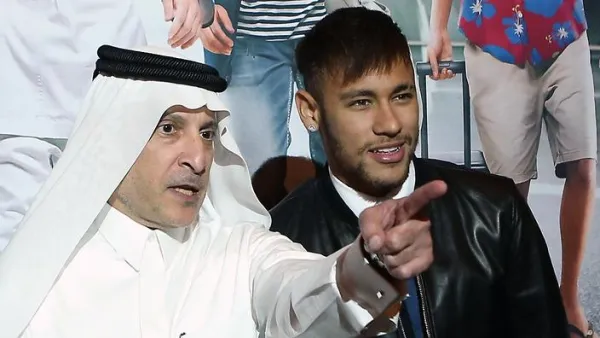 In this photo Neymar poses with the CEO of Qatar Airways Akbar Al-Baker. (AFP)