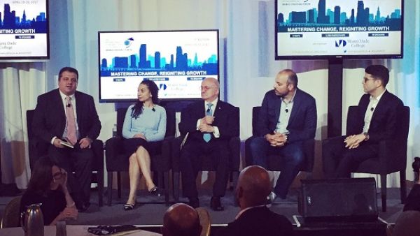 Stavros N Yiannouka, CEO, WISE (left), leads a panel on 21st century skills at the World Strategic Forum in Miami, USA