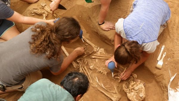A team of archaeologists extract skeletons at the excavation site of the first Philistine cemetery ever found on June 28, 2016, in Ashkelon. (AFP/Menahem Kahana)