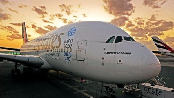 Emirates A380 at sunset