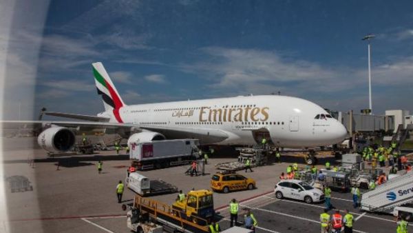 The Emirate A380 taxiing to the gate at Schiphol airport