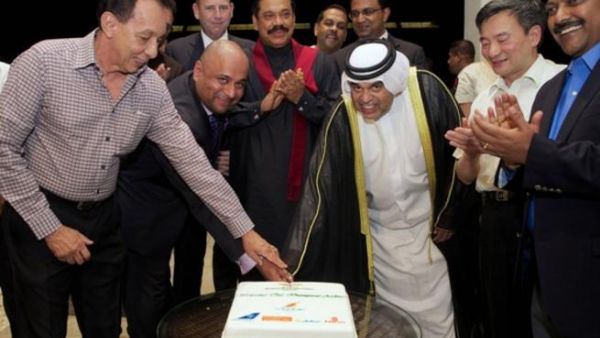 A cake was cut in celebration of flydubai's first flight to Mattala Rajapaksa new airport