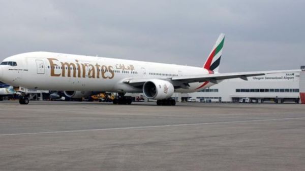 An Emirates Boeing 777 in Glasgow