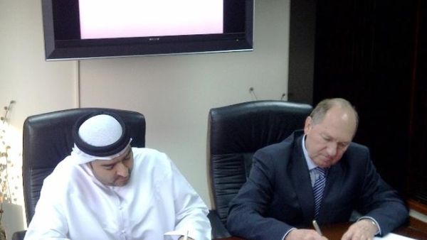 Ahmed Obaid Al Mansoori, Director General of EIAST, and Dr. Vladimir Andreev, Director General of ISCK, signing the contract Ahmed Obaid Al Mansoori, Director General of EIAST, and Dr. Vladimir Andreev, Director General of ISCK, signing the contract