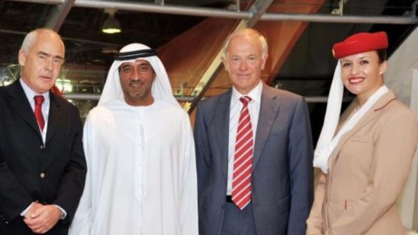 Sheikh Ahmed bin Saeed Al-Maktoum, Chairman and Chief Executive, Emirates Airline & Group and Tim Clark, President of Emirates Airline greet E. Enrique Meyer, Argentina’s Tourism Minister at the Arabian Travel Market 2011