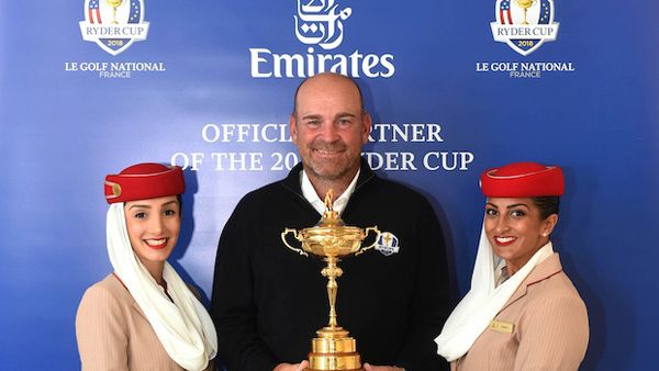 Emirates cabin crew with Thomas Bjørn, European Ryder Cup Team Captain.