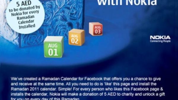 For each Ramadan Calendar application installed, Nokia will donate five UAE Dirhams to one of three selected charities For each Ramadan Calendar application installed, Nokia will donate five UAE Dirhams to one of three selected charities