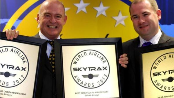 Lee Shave, Etihad Airways’ Vice President Guest Experience and Calum Laming, Etihad Airways’ Head of Guest Experience, celebrate winning the 2012 Skytrax Awards