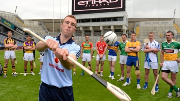 Hurling players take part in a long shot competition at Croke Park to celebrate the opening of the Etihad Skyline attraction at the Dublin stadium