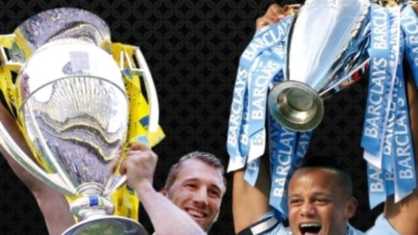 Etihad Airways’ Premiership and Premier League success 2011/12; Chris Robshaw, Captain of Harlequins, with the Aviva Premiership trophy, and Vincent Kompany, Captain of Manchester City, with the Barclays Premier League trophy