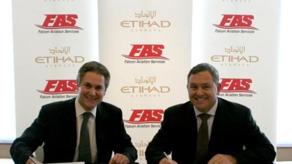 Peter Baumgartner, Etihad’s Chief Commercial Officer, and A.J. Baker, Falcon Aviation’s Vice President of Business Development and Strategy, during the signing Peter Baumgartner, Etihad’s Chief Commercial Officer, and A.J. Baker, Falcon Aviation’s Vice President of Business Development and Strategy, during the signing