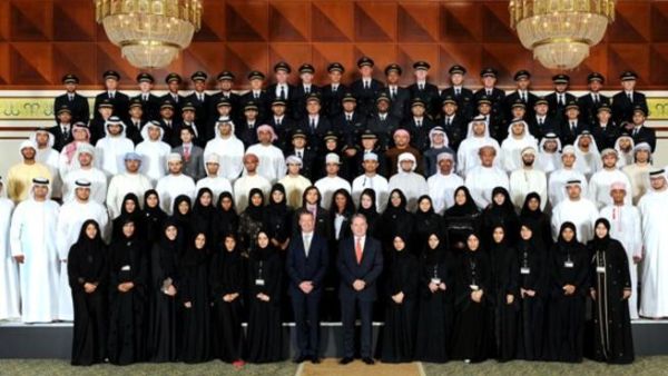 James Hogan, President and Chief Executive Officer of Etihad Airways, Ray Gammell, Chief People and Performance Officer, and the new graduating class upon receiving their recognition today