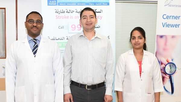 Dr Hisham El-Khider, Specialist Neurology, patient and Ms. Sujatha Joseph, Stroke Coordinator