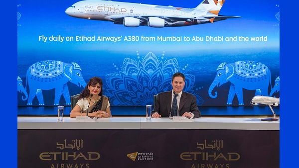 Neerja Bhatia, Etihad Airways Vice President Indian Subcontinent, left, with Peter Baumgartner, Etihad Airways Chief Commercial Officer, addressing today's A380 press conference in Mumbai