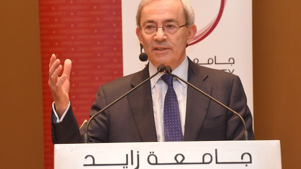 Professor Christopher Pissarides gives a lecture at Zayed University in Abu Dhabi