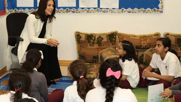 Her Royal Highness Crown Princess Mary Elizabeth of Denmark interacts with young Qatar Academy students during her recent visit to Doha