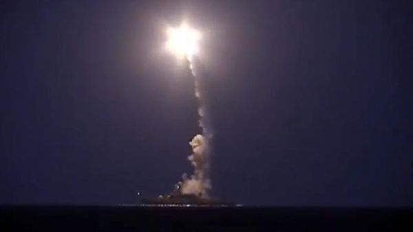 An image grab from a video released by Russia's defense ministry shows a Russian warship firing cruise missiles into Syria from the Caspian Sea. (YouTube)