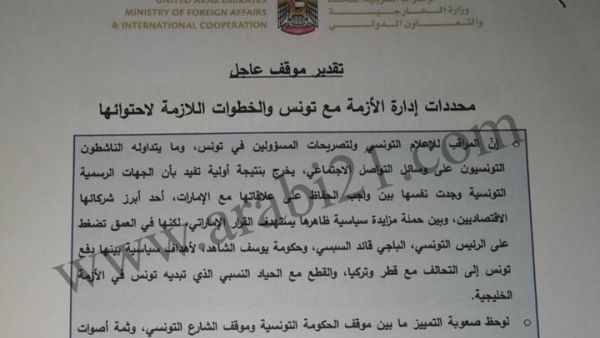  وثيقة إماراتية تكشف خطة تعامل أبوظبي مع أزمة تونس