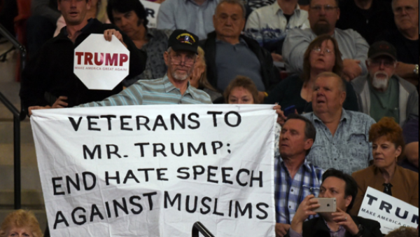 A group of anti-war military veterans gathered outside a mosque to show support in the face of Trump’s anti-Muslim statements. (Twitter)