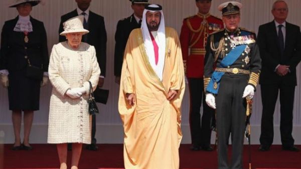 The UAE Emir, Sheikh Khalifa bin Zayed Al Nahyan stands in between Queen Elizabeth and the Duke of Edinburgh at Windsor Castle on Tuesday. AFP Photo