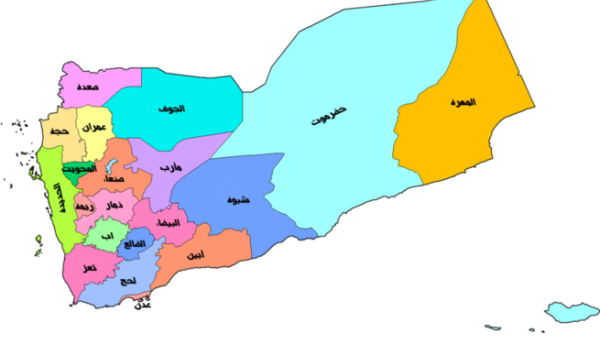 خريطة توضح موقع المحافظات والمدن الرئيسية في اليمن