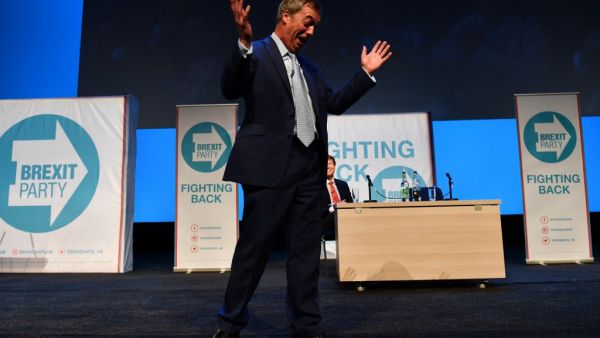 British politician and The Brexit Party leader, Nigel Farage addresses the first public rally of their European Parliament election campaign in Birmingham, central England on April 13, 2019.  Daniel LEAL-OLIVAS / AFP