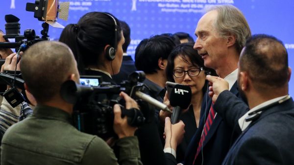 United Nations' Special Envoy for Syria Geir Pedersen (2ndR) addresses media after peace talks on Syria in Nur-Sultan, Kazakhstan  (AFP)
