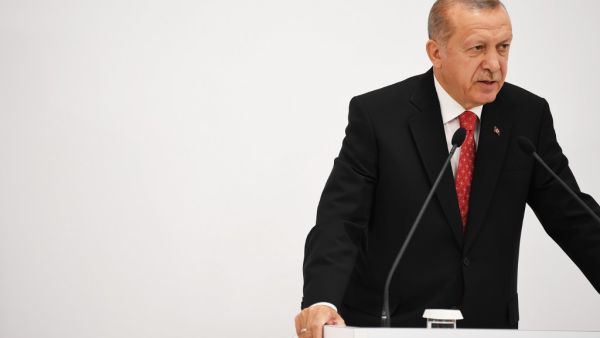 Turkish President Recep Tayyip Erdogan speaks at a press conference following the G20 Osaka Summit in Osaka on June 29, 2019.  Charly TRIBALLEAU / AFP