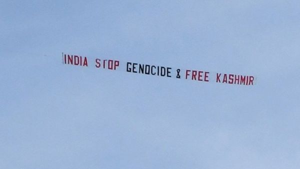 Banners reading “#Justice for Kashmir” and “India stop genocide & free Kashmir” were flown over Headingley during India's World Cup clash with Sri Lanka  (Twitter)