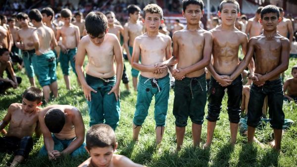 Young wrestlers wait for their match during the 657th annual Kirkpinar Oil Wrestling festival (Twitter)