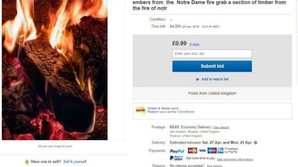 Listing for 'timber from Notre-Dame fire' removed by eBay (Twitter)