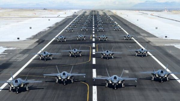 52 F-35 jets line up for a launch exercise at Utah's Hill Air Force Base in show of force and combat readiness amid US-Iran tensions, January 6, 2020. (US Air Force/R. Nial Bradshaw/Twitter screen capture)