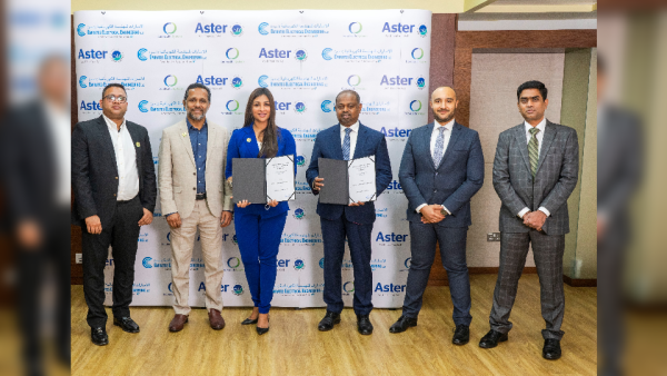 Ms. Alisha Moopen and Mr. T J Wilson along with spokespersons from Emirates Electrical Engineering LLC. Aster Introduces Renewable Energy at Its Hospitals in Partnership with Emirates Electrical Engineering LLC