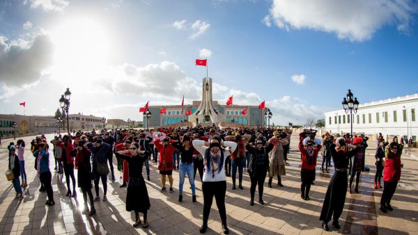 Chanting “the sexual harasser does not legislate,” activists tailored their demonstration in protest of gender-based violence in Tunisia. 