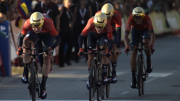 Bahrain-Merida team competes during the first stage of the 2019 La Vuelta cycling tour of Spain, a 13,4 km race against the clock on Aug 24, 2019