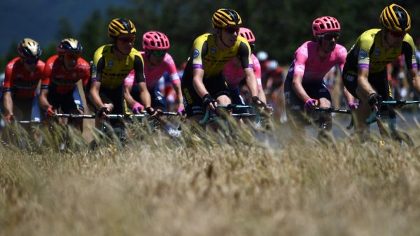 Bahrain-Merida teams during the fifth stage of the 71st edition of the Criterium du Dauphine cycling race, 201 km between Boen-sur-Lignon and Voiron on June 13, 2019.
