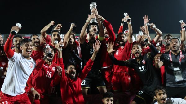 Bahrain's players celebrate after winning the 24th Arabian Gulf Cup Final against Saudi Arabia at the Khalifa International Stadium in the Qatari capital Doha on December 8, 2019. KARIM JAAFAR / AFP