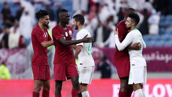  Qatar's players shake hands and embrace with Saudi's after the 24th Arabian Gulf Cup semi-final football match between Saudi Arabia and Qatar at al-Janoub Stadium in the Qatari capital Doha