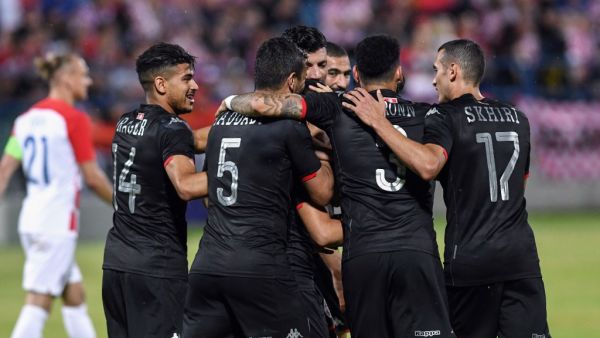 Tunisia's players celebrate after scoring a second goal during the 2019 international friendly football match between Croatia and Tunisia in Varazdin, on June 11, 2019. Denis LOVROVIC / AFP
