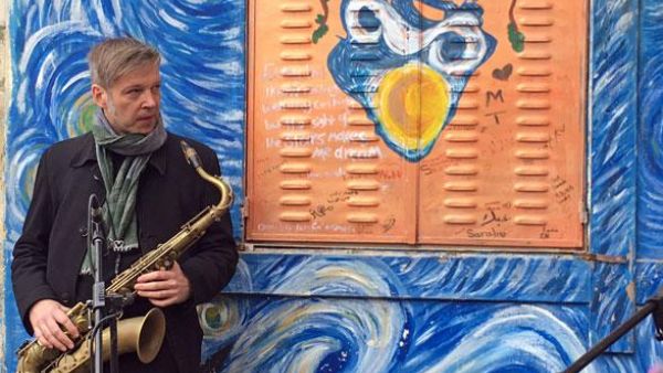 Germany’s Daniel Erdmann prepares to play a saxophone during an Amman Jazz Festival performance on Saturday (Photo by Muath Freij)