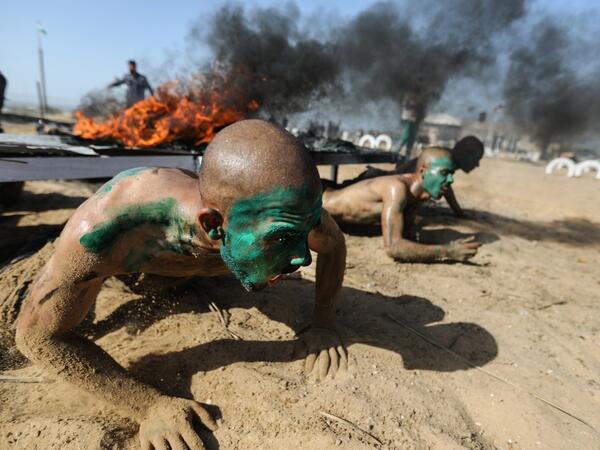 Palestinian police cadets take part in a training session at a police academy in Khan Yunis, in the southern Gaza Strip on February 6, 2020. MAHMUD HAMS / AFP