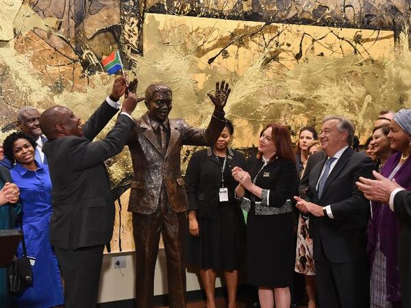 South Africa's President Cyril Ramaphosa, UN General Assembly President Maria Fernanda Espinosa and Secretary-General of the United Nations Antonio Guterres attend the unveiling ceremony of the Nelson Mandela statue from the Republic of South Africa on September 24, 2018 at the United Nations in New York. 
Angela Weiss / AFP