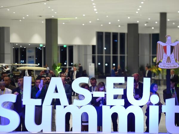 The logo of the first joint European Union and Arab League summit is pictured at the International Congress Centre in the Egyptian Red Sea resort of Sharm el-Sheikh, on February 24, 2019. 
MOHAMED EL-SHAHED / AFP