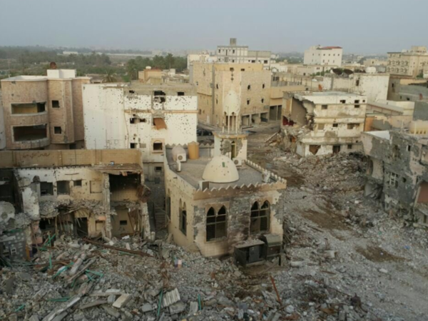 Image purports to show a destroyed area of Al-Awamiya. (Source: Twitter)
