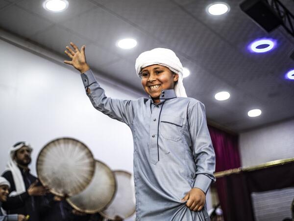 Members of a traditional music and dance group perform at the first cultural centre to open since the ISIS rule ended in the eastern Syrian city of Raqa on May 1, 2019. DELIL SOULEIMAN / AFP