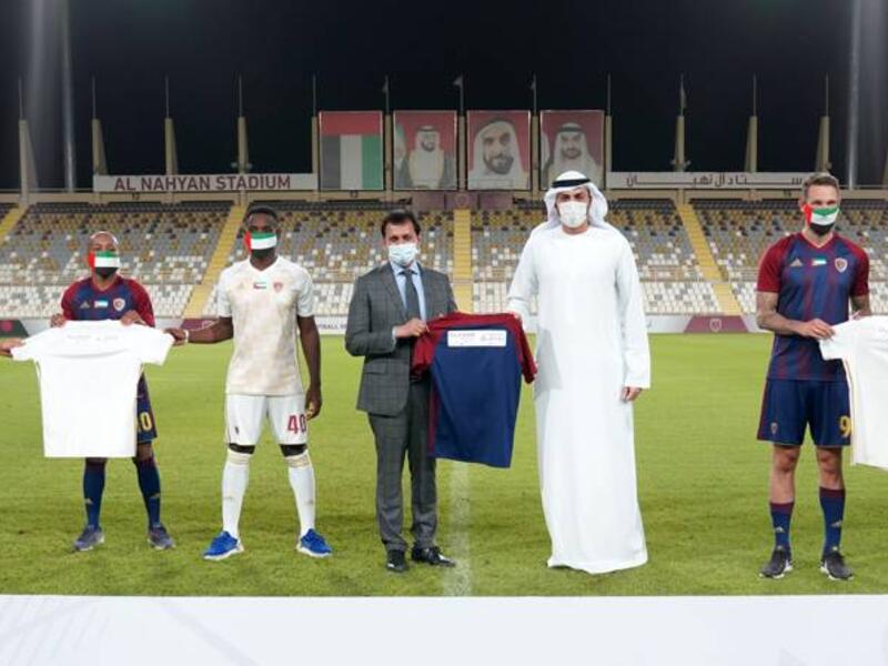 Khalid Al Hanaei, Group CEO of Al Wahda Club and John Sunil, CEO of Burjeel Hospitals along with Al Wadha team memebers after the signing ceremony. Supplied photo