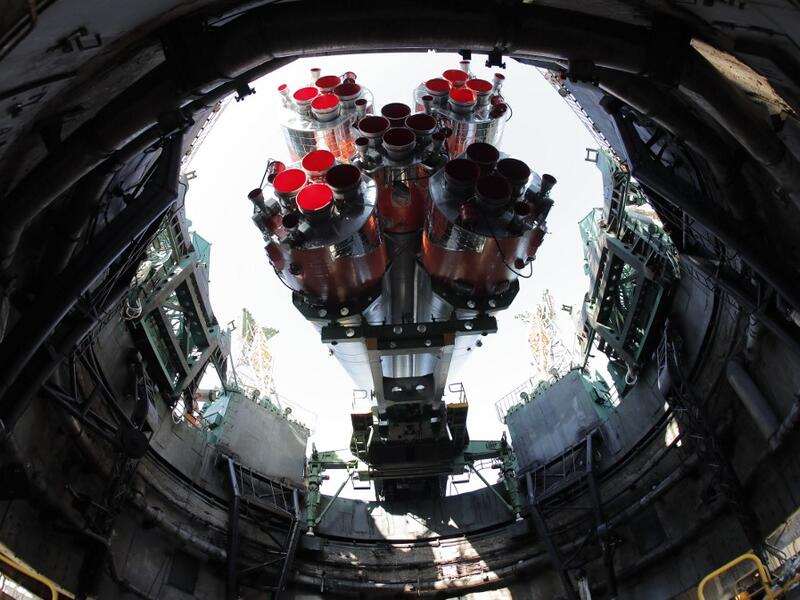 The Soyuz booster rocket FG with Soyuz MS-15 spacecraft is mounted on the launch pad at the Russian-leased Baikonur cosmodrome in Kazakhstan on September 23, 2019. MAXIM SHIPENKOV / POOL / AFP